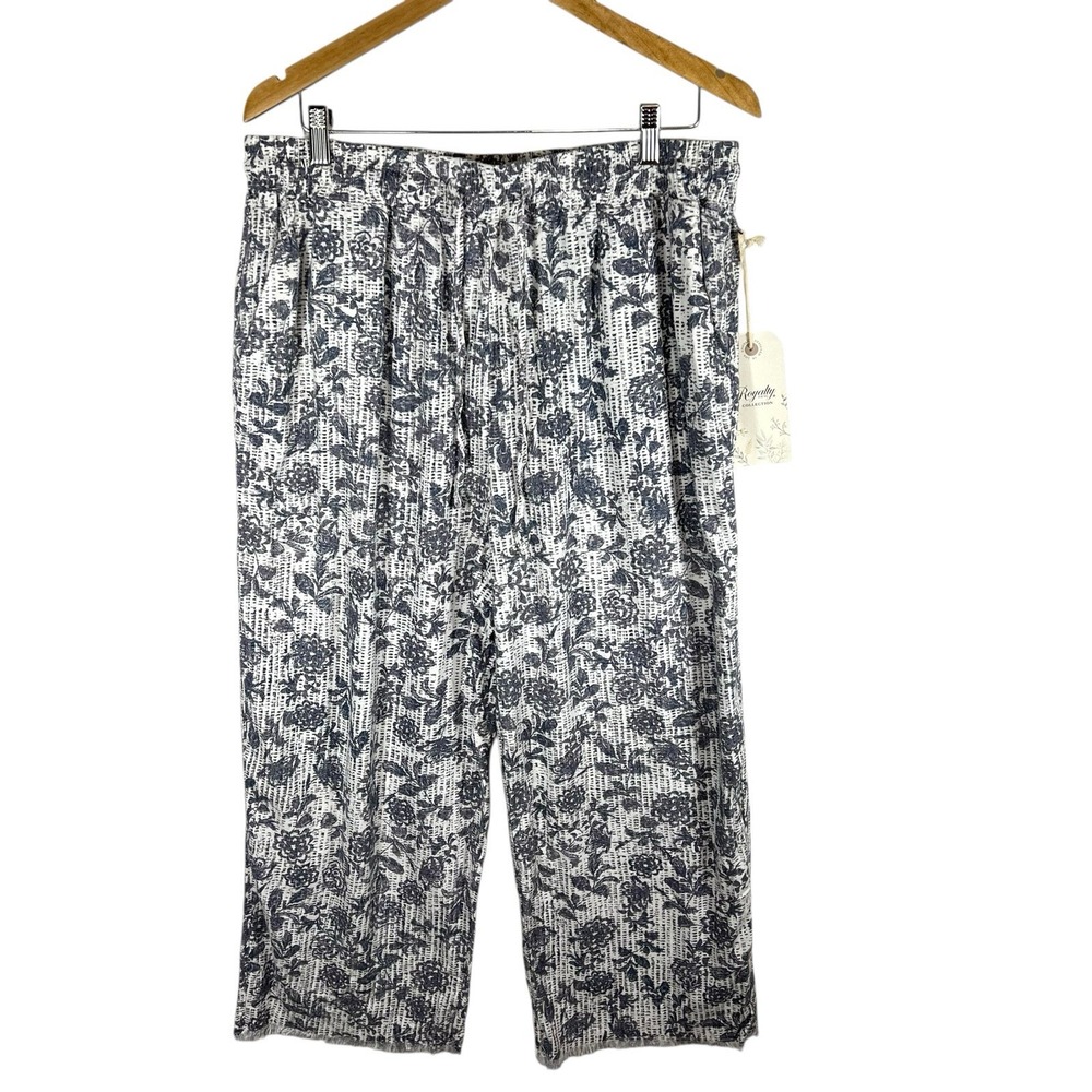 Royalty For Me Women's High Rise Frayed Linen ankle Pants Size XL‎ Blue Floral